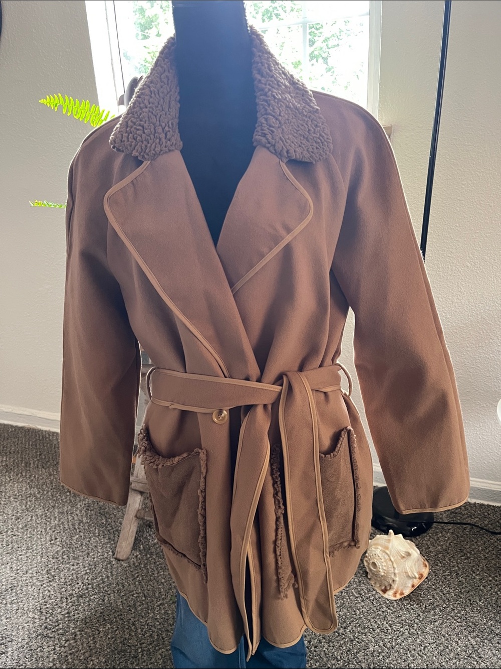 Brown Women's Faux-Shearling Belted Coat